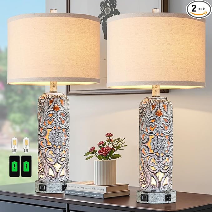 25'' Set of 2 Farmhouse Table Lamps with 2 USB Ports for Living Room Bedroom, Rustic Vintage Table Lamp with Nightlight, Earthy Yellow Hollow Out Resin Lamp for End Table, 2 Bulbs Included - Bloomnest