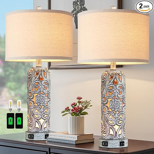 25'' Set of 2 Farmhouse Table Lamps with 2 USB Ports for Living Room Bedroom, Rustic Vintage Table Lamp with Nightlight, Earthy Yellow Hollow Out Resin Lamp for End Table, 2 Bulbs Included - Bloomnest