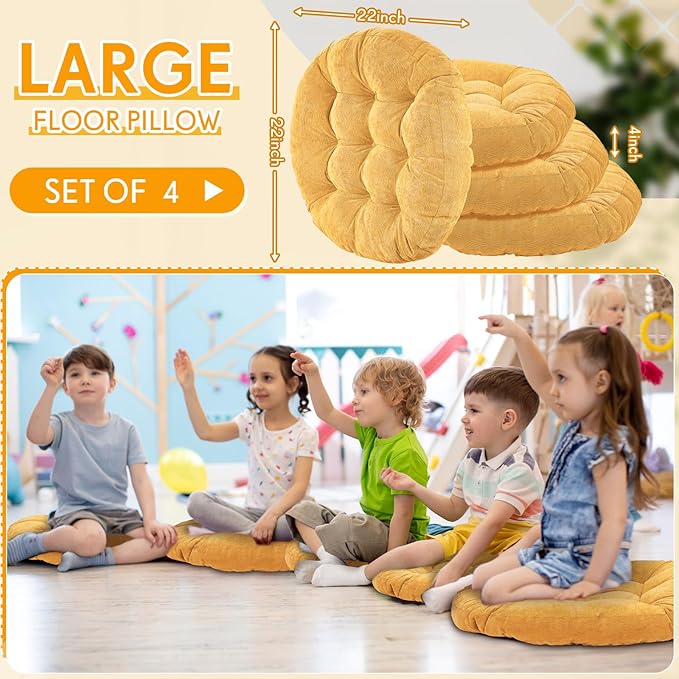 Jerify Floor Pillow Cushions 22 x 22 Inch Round Square Large Meditation Floor Pillow for Classroom Adult Meditation Picnic Party Cushion for Seating Gift Christmas(Round,Yellow,4 Pcs) - Bloomnest
