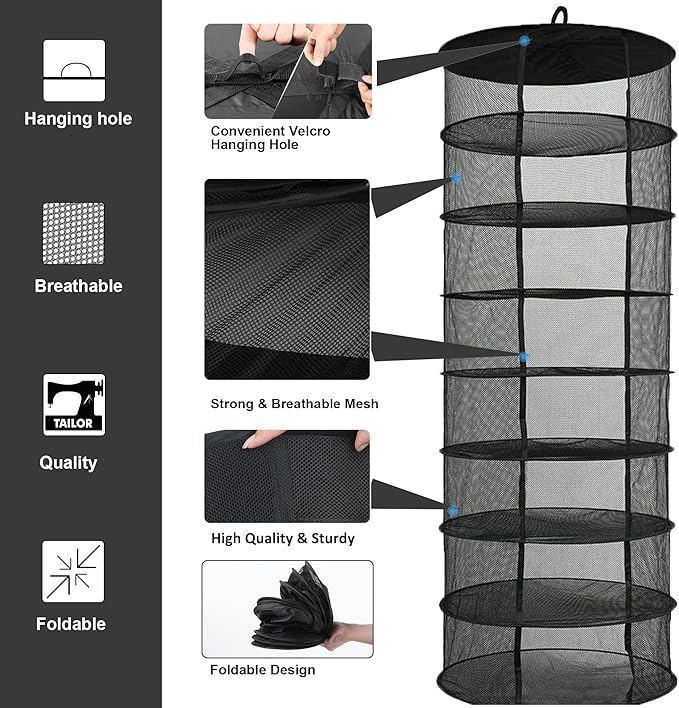 Desy & Feeci Herb Drying Rack Hanging, 8 Layer Collapsible Mesh Dry Net Herb Dryer with S Hang Buckle and Storage Bag, Black (Diameter 60 cm) - Bloomnest