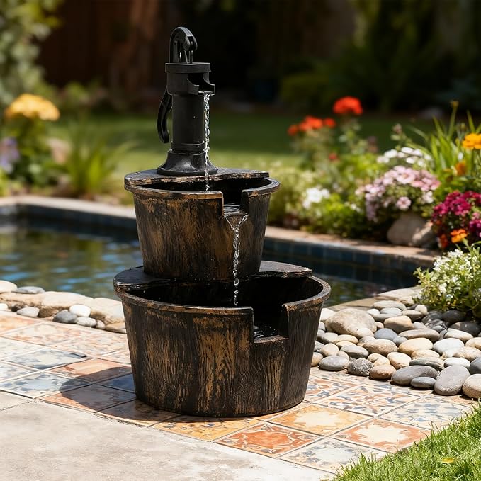 Athena Collection 27'' Height Electric Waterfall Fountain 2 Tier Stepped Barrel Vintage Fountain Polypropylene with Pump Freestanding Floor Tabletop Fountain for Outside, Patio, Garden, Bronze - Bloomnest