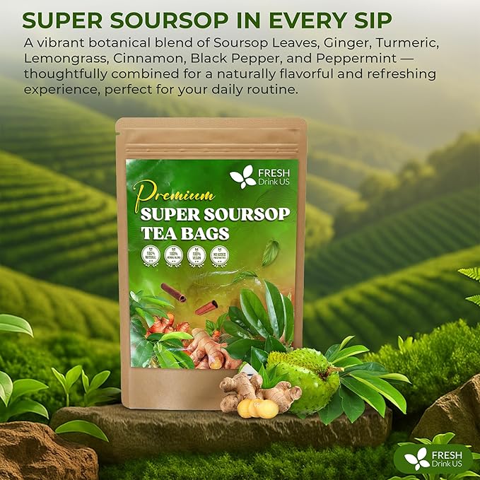 FreshDrinkUS, Super Soursop Herbal Tea – 60 Tea Bags | Soursop, Ginger, Turmeric, Lemongrass, Cinnamon, Black Pepper & Peppermint | Caffeine-Free, Natural Flavor, Plant-Based Blend | Sugar-Free - Bloomnest