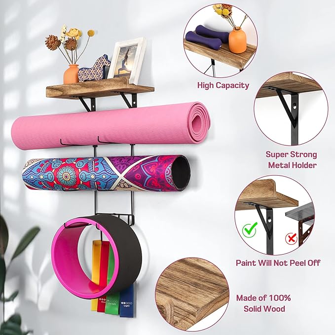 2 PACK Yoga Mat Holder Wall Mount Yoga Mat Storage Shelf Rack Home Gym Accessories with Wood Floating Shelves and 4 Hooks for Hanging Foam Roller and Resistance Bands Home Gym Carbonized Black - Bloomnest