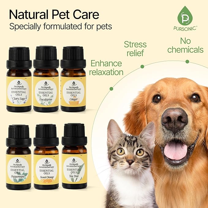 Pursonic Pet-Friendly Aromatherapy Oil Blends, 6-Piece Set with Eucalyptus, Sweet Orange, Peppermint, Clary Sage, Tea Tree, Ginger - Vet-Approved, Pet-Safe Aromatherapy, 10 ML - Bloomnest