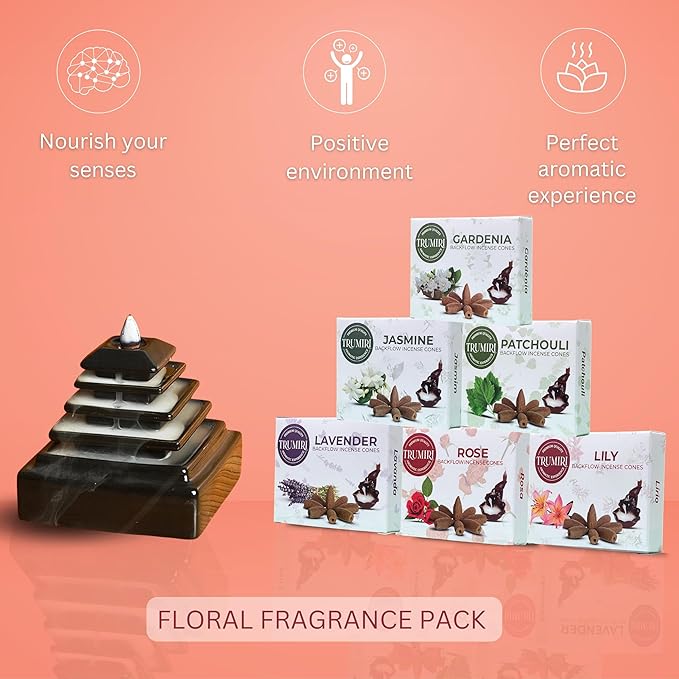 Floral - Backflow Incense Cones for Waterfall - Scented Inscents-Cones - Lavender, Jasmine, Rose, Patchouli, Lily, Gardenia - Insiensos Aromaticos - 6x10=60 Large Variety Pack