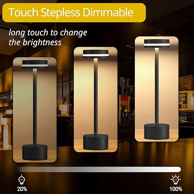 Portable Rechargeable Bedside Lamp, Touch Stepless Dimmable, Cordless Table Lamp for Home, Bedroom, Hotel, Restaurant, Bar, Outdoor, 1 Pack (Black) - Bloomnest