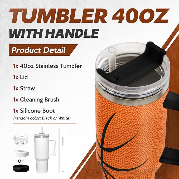 SANDJEST Basketball Tumbler with Handle 40oz Lid & Straw, Insulated Coffee Cup Gifts for Men Boys Players, Christmas Birthday - Bloomnest