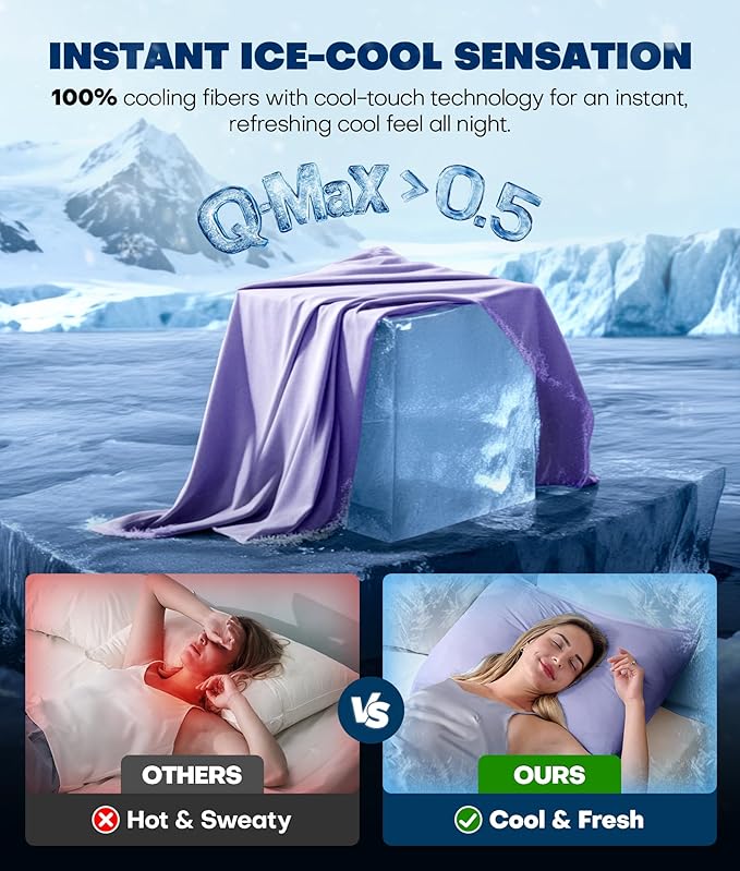 Ultra-Chill Cooling Pillowcase Set of 2 for Hot Sleepers, Softer Than Silk Pillow Cases for Protecting Hair & Skin, Breathable Bed Pillow Covers w/Zipper, Gifts for Women Men(Purple, Queen) - Bloomnest