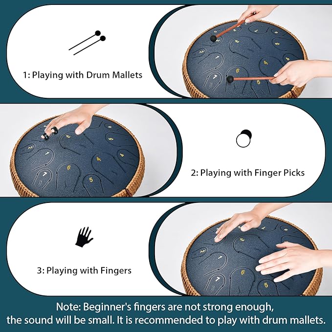 Steel Tongue Drum - 14 Inch 15 Note Tongue Drum - Hand Pan Drum with Music Book, Handpan Mallets and Carry Bag, C Major, Navy Blue - Bloomnest