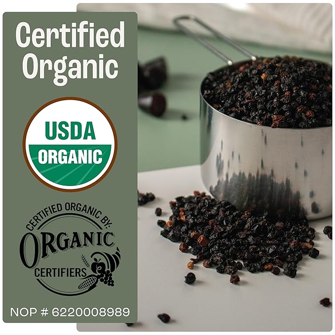 J Mac Botanicals Certified USDA - 100% Organic Dried Elderberries - 1lb Bulk - Non-Irradiated, Non-GMO, Whole Black Elderberry Immune Support - Raw Vegan Sambucus 1 Pound - Bloomnest