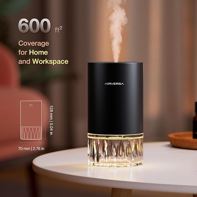 Airversa Waterless Essential Oil Diffuser for Home Room Desk Car Air Freshener Diffuser, Up to 600 sq ft, Battery Operated, Mist Level and Timer Settings, 100mL Capacity, Cold Air, RD1 Black - Bloomnest