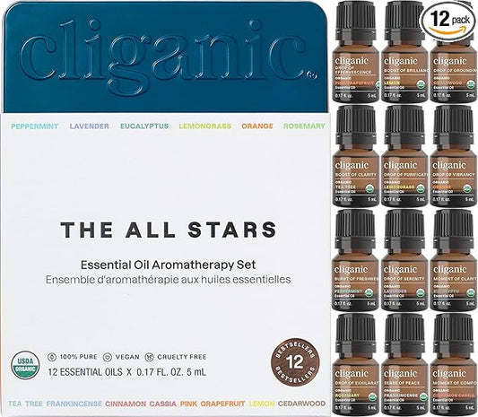 Cliganic Organic Aromatherapy TOP 12 Essential Oils Set, 100% Pure - Peppermint, Lavender, Eucalyptus, Tea Tree, Lemongrass, Rosemary, Frankincense, Orange, Lemon, Cassia, Cedarwood & Grapefruit - Bloomnest