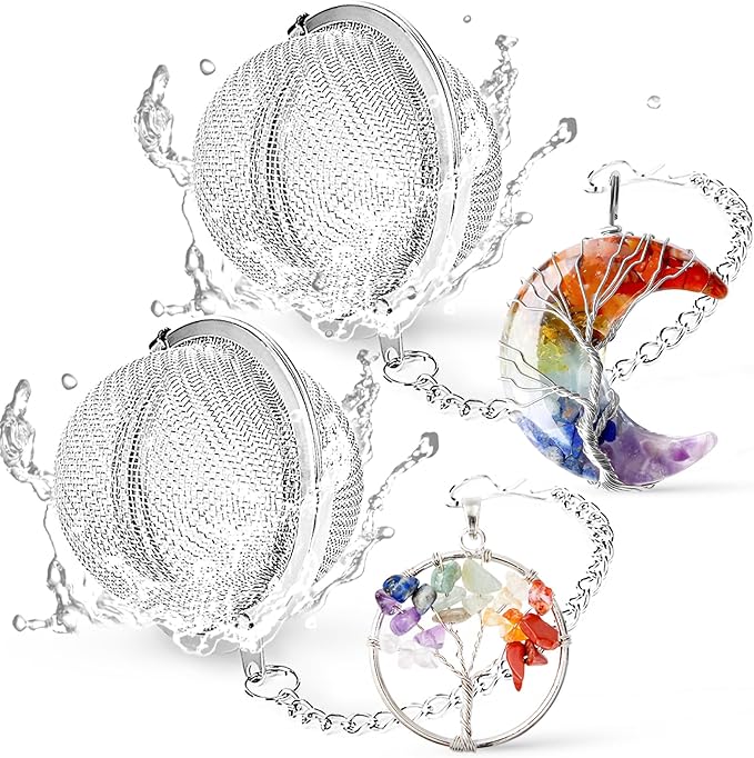 7 Chakra Healing Crystal Tea Infuser Set - Reiki Quartz Gemstone Wire Wrapped Crescent Moon & Tree of Life Pendants, Stainless Steel Loose Leaf Tea Steeper