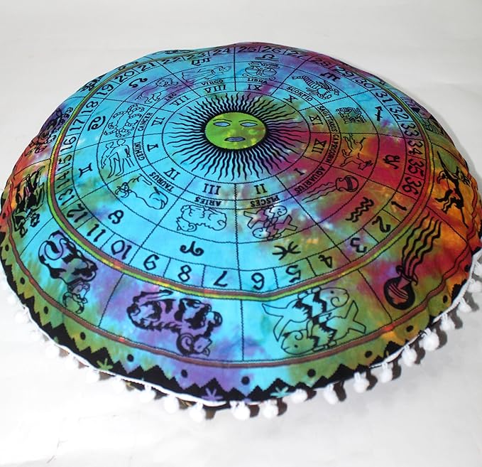 CRAFT KALA Boho Large Floor Pillow Pouf Cover Mandala Meditation Room Pillow Cover for Adults Round Bohemian Seating Pouf Cushion Cover for Kids Playroom 22" Multi Zodiac - Bloomnest