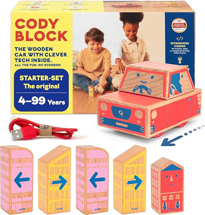 Cody Block Starter Set, Educational Wooden Building Blocks Coding and Car STEM Toys for Preschool Kids Ages 4+, Screen Free - Bloomnest