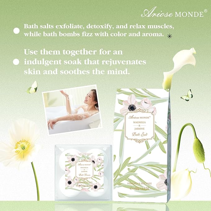 Spa Gifts for Women, Bath Sets, 7Pcs Spa Gift Set w/Shower Gel, Bubble Bath, Bath Salts, Bath Bomb, Body Lotion, Christmas Gifts for Women, Magnolia & Jasmine Bath Set - Bloomnest