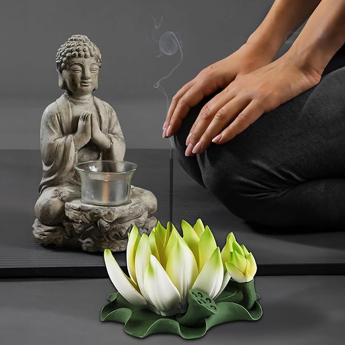 Lotus Incense Burner - Incense Burner Holder for Home Incense Holder Decor Incense Holder for Sticks Yoga, SPA(Z4-Green Yellow) - Bloomnest