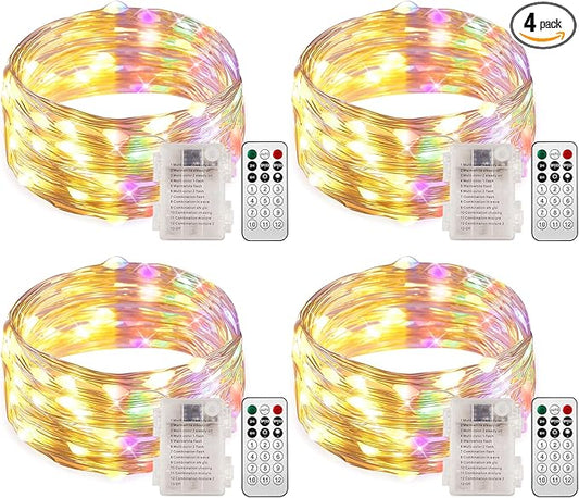 4 Packs Warm White & Multi-Color Battery Operated String Lights, 5M/16.4ft. 50 LEDs Remote Control Timer 12 Modes Optional Twinkle Battery Powered Fairy Lights Sliver Wire Firefly Lights - Bloomnest