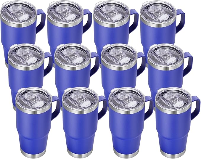 VEGOND 20 oz Tumbler Bulk with Handle Lid and Straw, Stainless Steel Insulated Travel Coffee Mug Set, Spill Proof Double Wall Metal Tumblers Cups, Powder Color Royal Blue 12 Pack - Bloomnest
