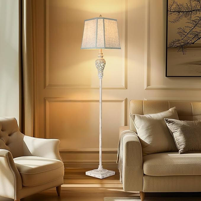 Rustic Floor Lamp 65'' Tall with Nightlight Cut Corner Linen Fabric Shade Vintage Standing Lamp for Living Room, Bedroom, Office, House (Bulb Included) - Bloomnest