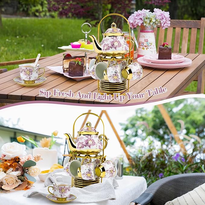 20 Pcs Porcelain Tea Set with Metal Holder, European Ceramic Tea Set for Adults, Adult Tea Set Gift, Flower Tea Cup Saucer Set for Party With Gold Flower Painting (Elegant Purple) - Bloomnest