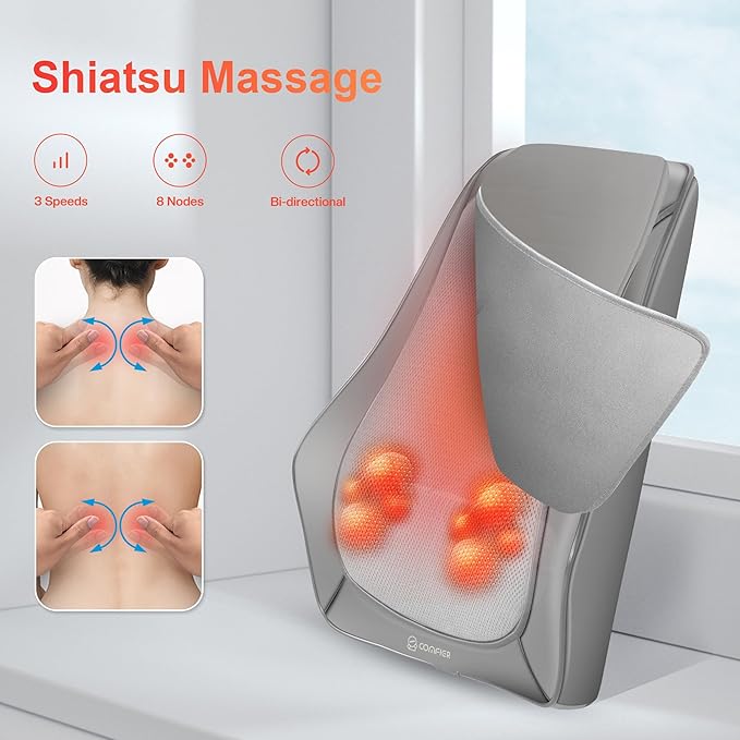COMFIER Shiatsu Neck and Back Massager with Heat & Vibration, 3D Deep Kneading Back Massage for Pain Relief, Home Office Use,Gift for Her/Him,Gray - Bloomnest