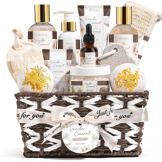 Birthday Gifts for Women, Vanilla Coconut Relaxing Spa Gift Baskets for Women Self Care Package Bath Gift Set, Home Bath and Body Kit Pamper Valentines Day Gifts for Her Womens Mom Friends Sister Wife - Bloomnest
