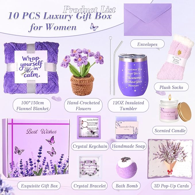 Valentines Day Gifts for Her Birthday Gifts for Women ,Self Care Get Well Soon Gifts Baskets Lavender Spa Kit Bath Set Gifts for Mom Girlfriend Wife Daughter Sister Best friend w/ Blanket - Bloomnest