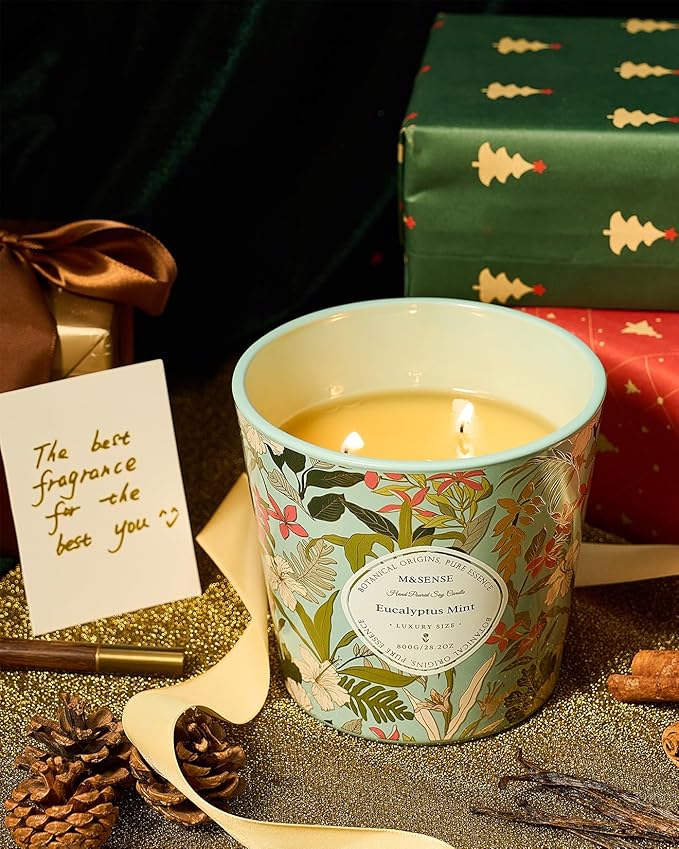 M&SENSE Eucalyptus Mint Scented Candle, 28.2oz 3 Wick Natural Soy Wax Large Candles, Long Lasting Clean Slow Burning No Toxic Décor for Home Relaxation, Romantic Dates Gift-Giving - Bloomnest