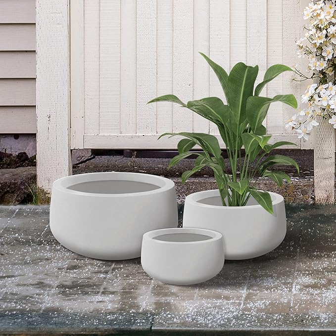 Kante 19.6",15.7",11.8" Dia Round Concrete Planters Set of 3, Outdoor Indoor Garden Plant Pots with Drainage Hole and Rubber Plug, Modern Curvaceous Design, Pure White - Bloomnest