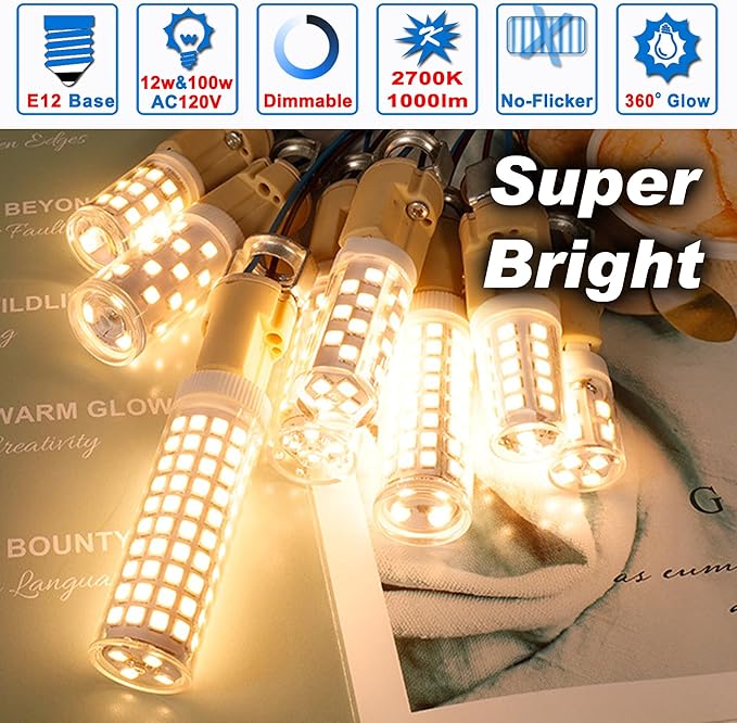 E12 Dimmable 100 Watt LED Candelabra Bulbs Equivalent C7,2700K Warm White,1000 lm T6 E12 12W LED Candle Bulbs for Ceiling Fan Chandelier Pendant Lighting Salt Lamp,Non-Flicker,2 Pack - Bloomnest