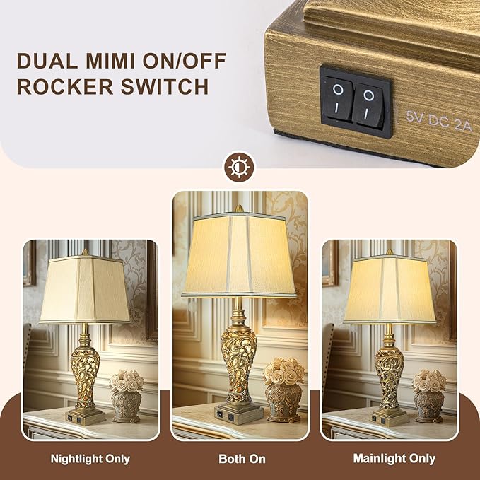 28.5'' Table Lamps Set of 2 for Living Room, Vintage Bedside Lamps with USB A+C Ports & Nightlight, Farmhouse Nightstand Lamps with Faux Silk Shade for Bedroom, Study Room, Office (LED Bulbs Included) - Bloomnest