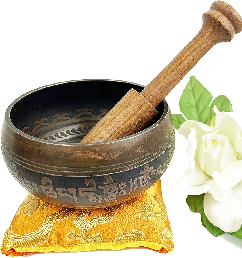 3383 SB Tibetan Auspicious Symbol Singing Bowl Set ~ Mallet Cushion Meditation Chakra Healing Prayer Yoga Mindfulness (SB-3383-D) - Bloomnest