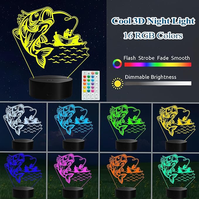 Fishing Night Light, Fishing Gifts, 3D Illusion Lamp with Remote Control, 16 RGB Colors, 4 Flashing Modes, Timer, Dimmable, Men Boy Room Decoration for Father's Day Holiday Birthday Christmas - Bloomnest