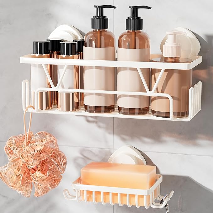 KEGII Suction Cup Shower Caddy, 2 Pack Shower Suction Shelf with Soap Holder & Hooks, No Drilling Bathroom Organizer, Stainless Steel Shampoo Holder for Bathroom Storage Basket, Cream White - Bloomnest