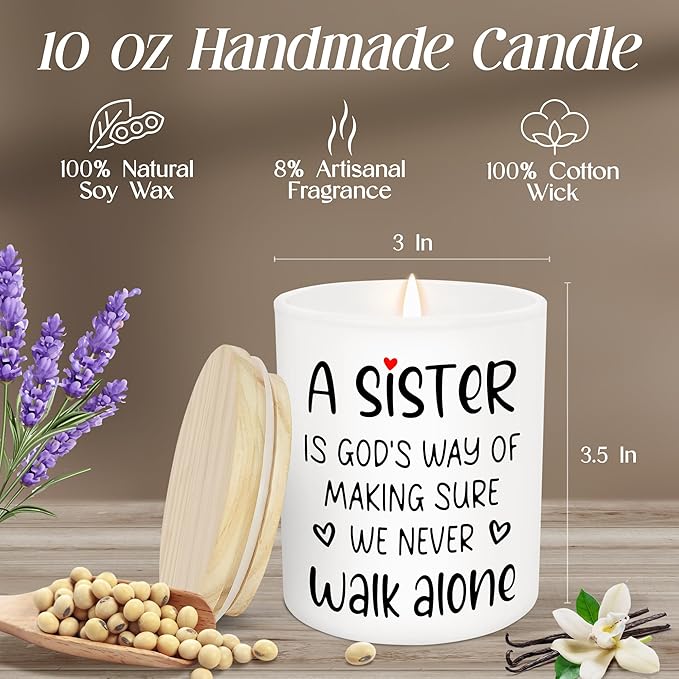 TEEZWONDER Sister Gifts for Women - Never Walk Alone Long Lasting Vanilla Lavender Candle 10 oz - Christian Birthday Gifts for Sisters from Sister, Candle for Women