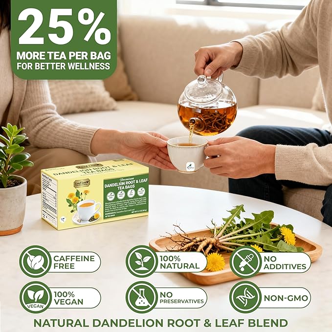LeafLea Dandelion Root and Leaf Tea Bags, 40 Count, Roasted Dandelion Root Tea Blend, Natural Herbal Tea for Digestion & Wellness, Te de Diente de Leon, Individually Wrapped, Caffeine-Free, No Sugar - Bloomnest