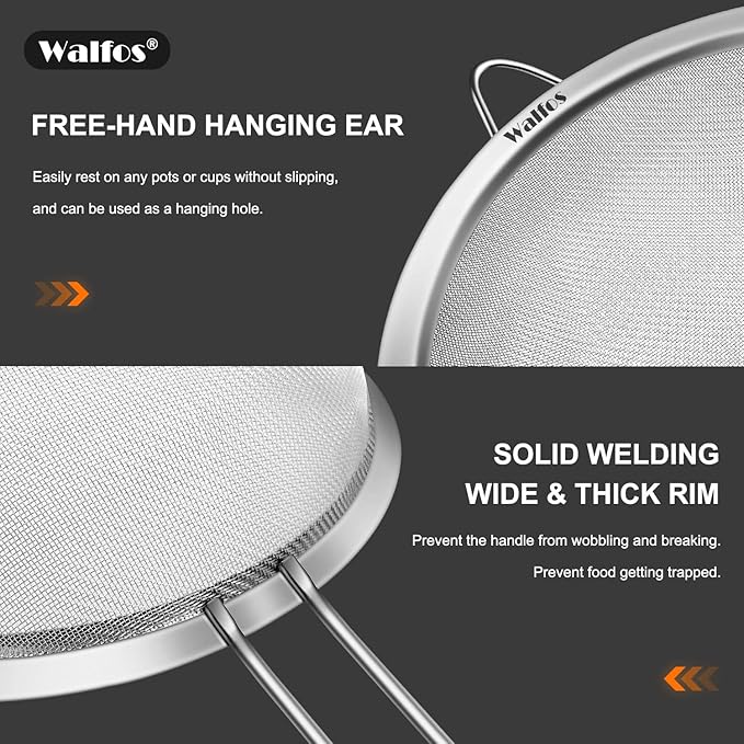 Walfos Extra Fine Mesh Strainer Set of 4-9.35", 6.95", 4.6", 2.7", Stainless Steel 30 Mesh Sieve with Sturdy Handle, Kitchen Food Strainers Sifters for Quinoa, Pasta, Fruits, Vegetables, Rice, Tea - Bloomnest
