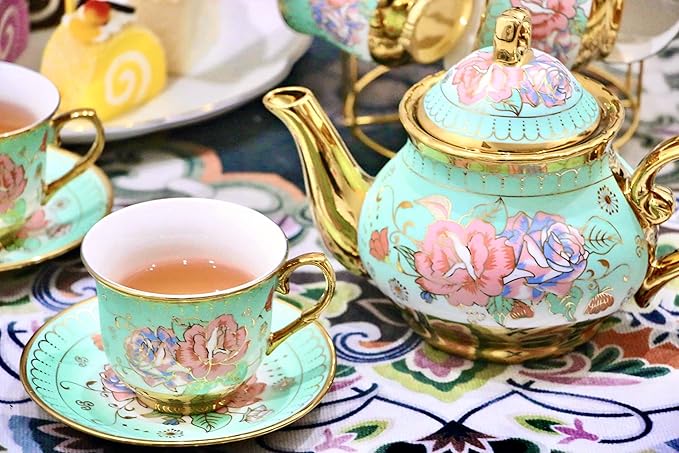 20 Pieces Porcelain Tea Set With Metal Holder, European Ceramic tea set for adults,Flower Tea Set,Tea Set For Women With Flower Painting (Large version, Green) - Bloomnest