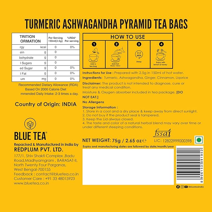 BLUE TEA - Turmeric Tea - Ashwagandha - 30 Count - Pyramid Plant Based Tea Bag | CURCUMIN RICH - HERBAL BLEND | Herbal Tea - Caffeine Free - Non-GMO - Vegan - Gluten Free - No Sugar | Reusable Tin Pack - Bloomnest