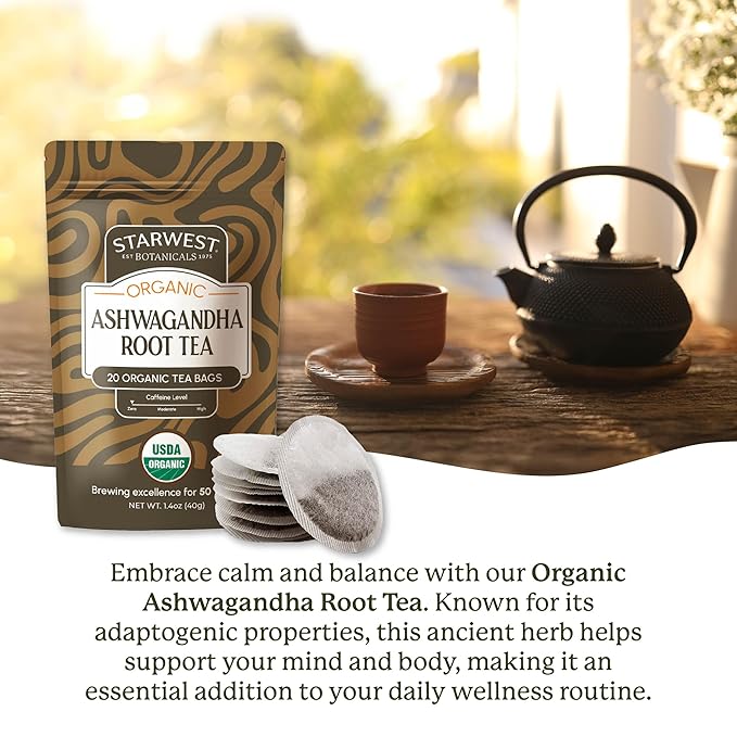 Starwest Botanicals Organic Ashwagandha Tea - Caffeine Free Herbal Tea, String Free Sachets, USDA Organic Ashwagandha Root, Non GMO - 20 Tea Bags - Bloomnest