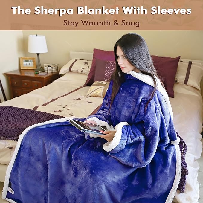 Tirrinia Sherpa Wearable Blanket With Sleeves, Full Body Throw Reading Wrap TV Blankets - Bloomnest