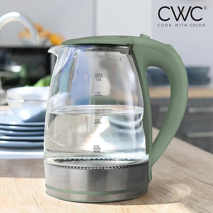 COOK WITH COLOR Electric Tea Kettle, 1.8L Cordless Hot Water Boiler, 1200W Rapid Boil, Auto Shutoff & Boil Dry Protection, BPA-Free, Sleek Countertop Design, Green - Bloomnest