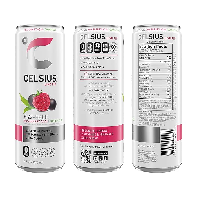 CELSIUS Raspberry Acai Green Tea, Functional Essential Energy Drink 12 Fl Oz (Pack of 12) Packaging may vary - Bloomnest