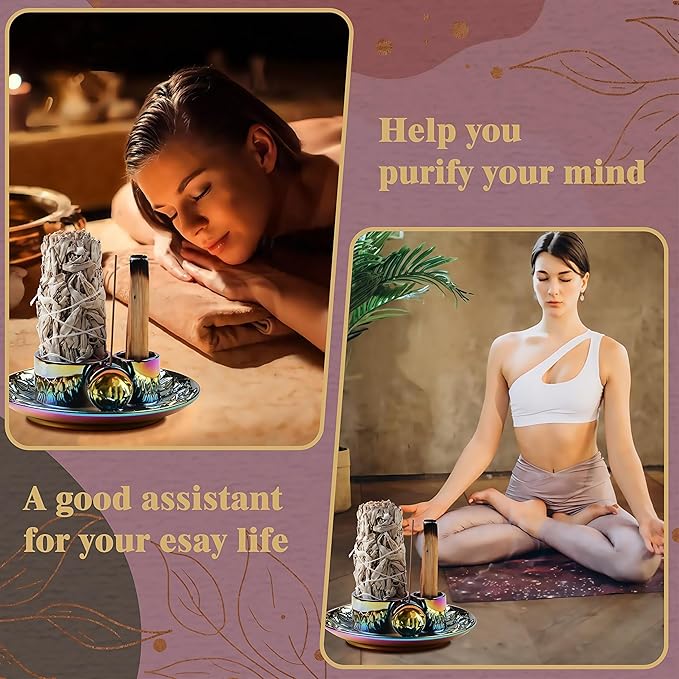 4 in 1 Incense Holder, Ceramic Incense Stick and Palo Santo Holder,Sage Holder for Burning- 5.5" Ceramic Ash Catcher Tray for Meditation and Yoga Room (Colourful) - Bloomnest
