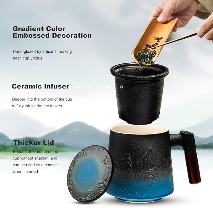 suyika Ceramic Tea Cup with Infuser and Lid, Gradient Embossed Large Tea Mug Wooden Handle for Steeping Loose Leaf, Tea Lover Gifts 15.2 oz / 450 ml,Black & Cyan