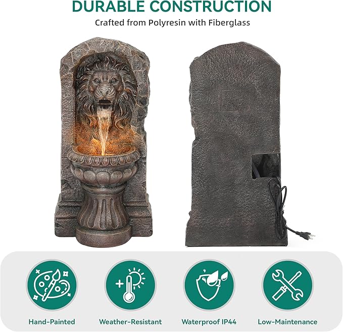 30in Outdoor Water Fountain with LED Lights, Majestic Bronze Lion Sculpture Garden Fountain, 2-Tier Pedestal Waterfalls, Durable Resin Water Feature for Yard, Patio or Porch Decor