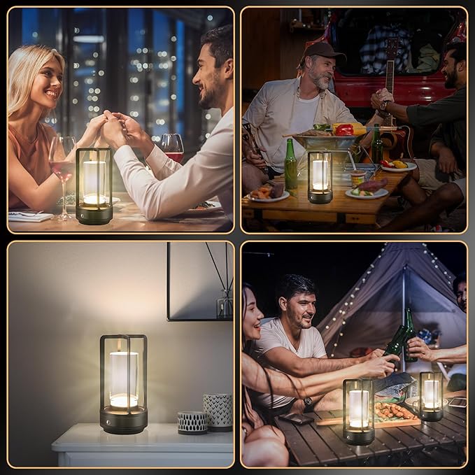 Portable Metal Table Lamp,Cordless Table Lamp, Rechargeable Battery Operated Lights, LED Table Lamps, 3 Color Stepless Dimming Touch, for Bedroom Restaurant Home Outdoor (Black) - Bloomnest