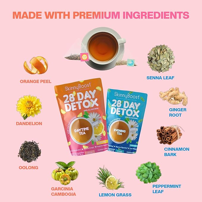 Skinny Boost Detox Tea Kit- 2 PACK –1 Daytime (28 Bags) + 1 Evening -(14 Bags) – Herbal Detox for Weight, Metabolism, Energy, Bloating & Colon Cleanse – Green Tea, Vegan, Keto, Non-GMO, Sugar-Free - Bloomnest