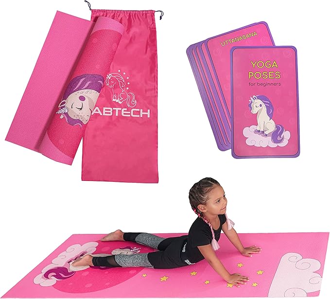 Kids Yoga Mat Set for Boys & Girls - Doll, Unicorn, Mermaid, Panda, Dinosaur and UnderWater - Chemical Free - Non-Toxic - Non-Slip - 60 X 24 X 0.2 Inches - w/ 12 Yoga Cards - Cute Carrier Bag - Ages 3-12 - Bloomnest